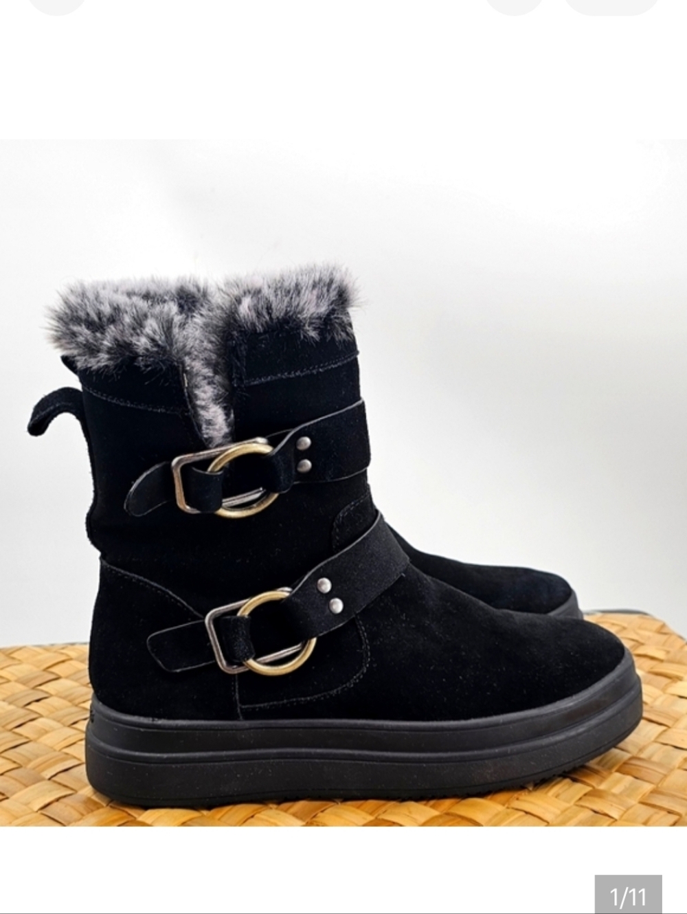 J/Slides Nelly Faux Fur Lined Black Booties Size 8